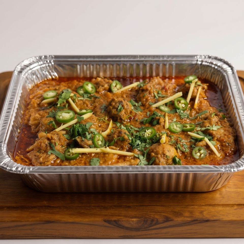A foil container of chicken karahi, garnished with cilantro, ginger, and green chilies, on a wooden board.