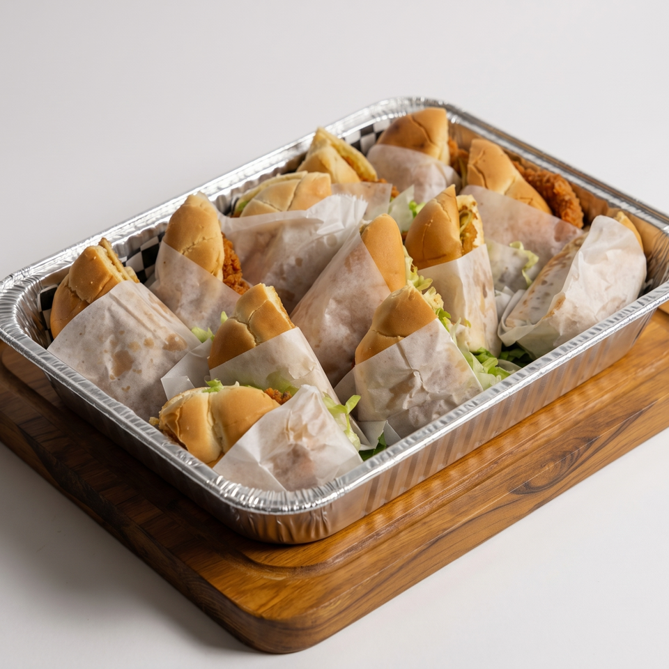 Catering tray filled with individually wrapped chicken sandwiches on a wooden board.