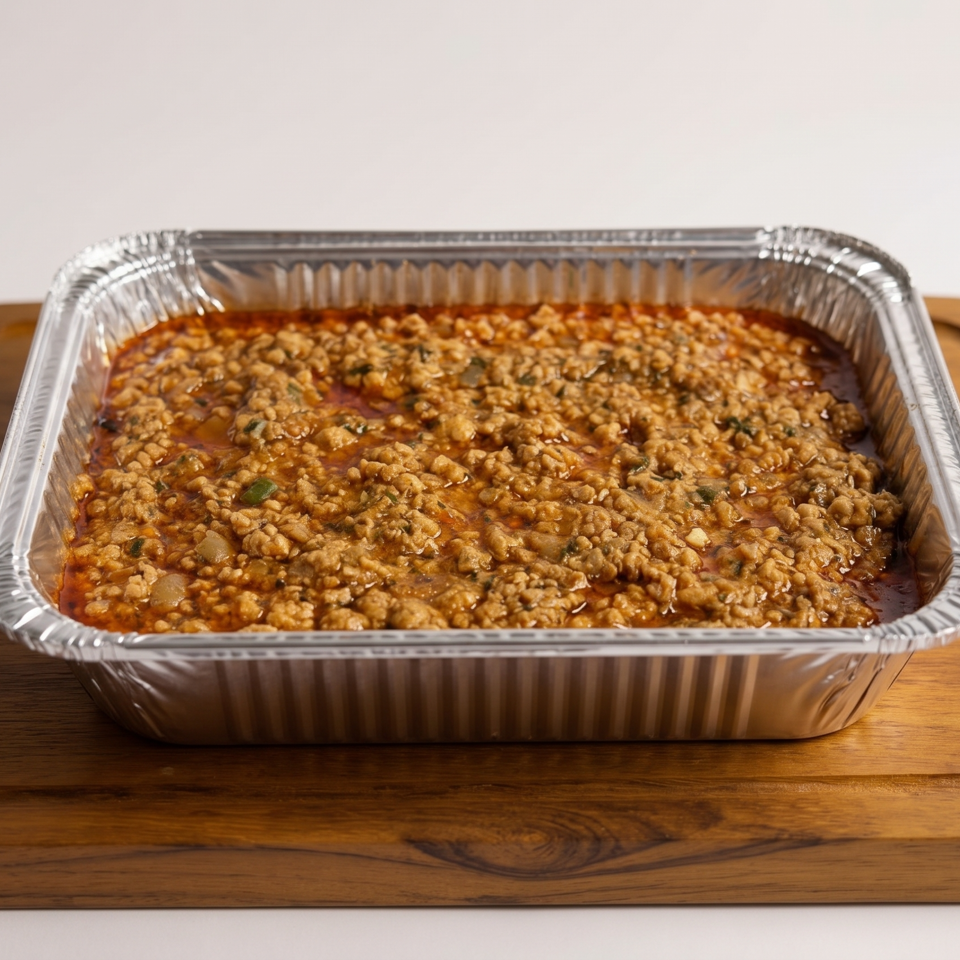 A foil tray filled with a savory ground meat and mushroom mixture, resting on a wooden board.