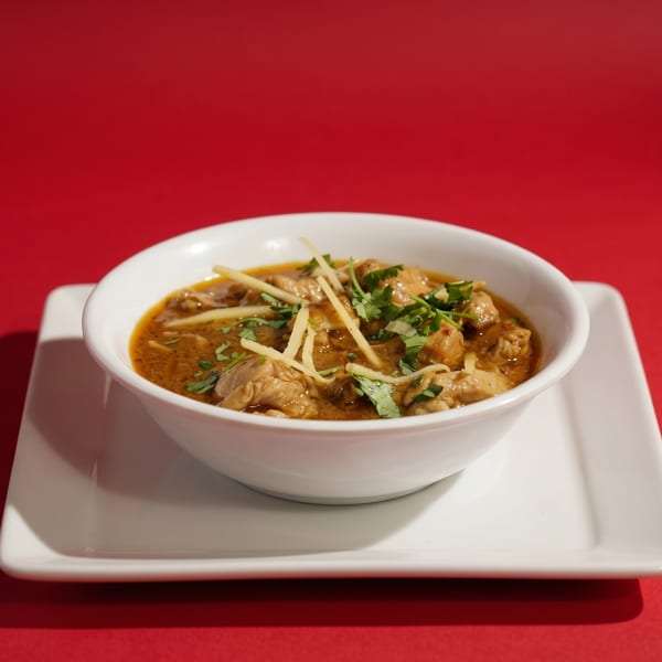 A white bowl of chicken curry with cilantro and ginger on a white plate against a red background.