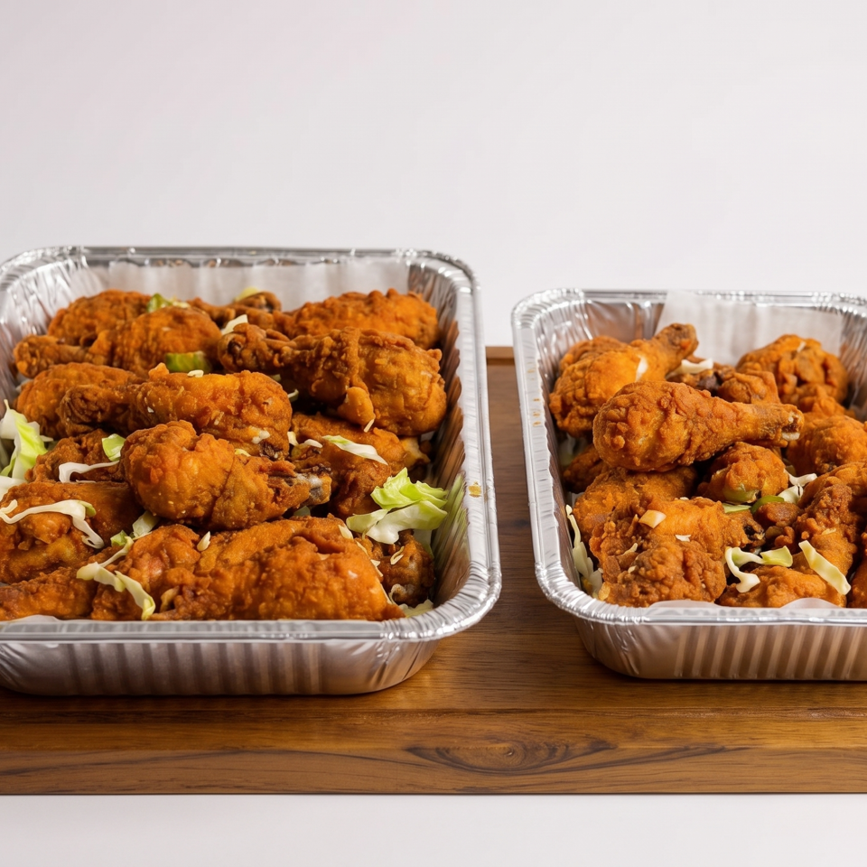 Two foil trays filled with crispy fried chicken pieces and shredded cabbage on a wooden board.