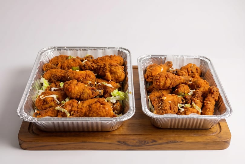 Two foil trays filled with crispy fried chicken pieces and shredded cabbage on a wooden board.