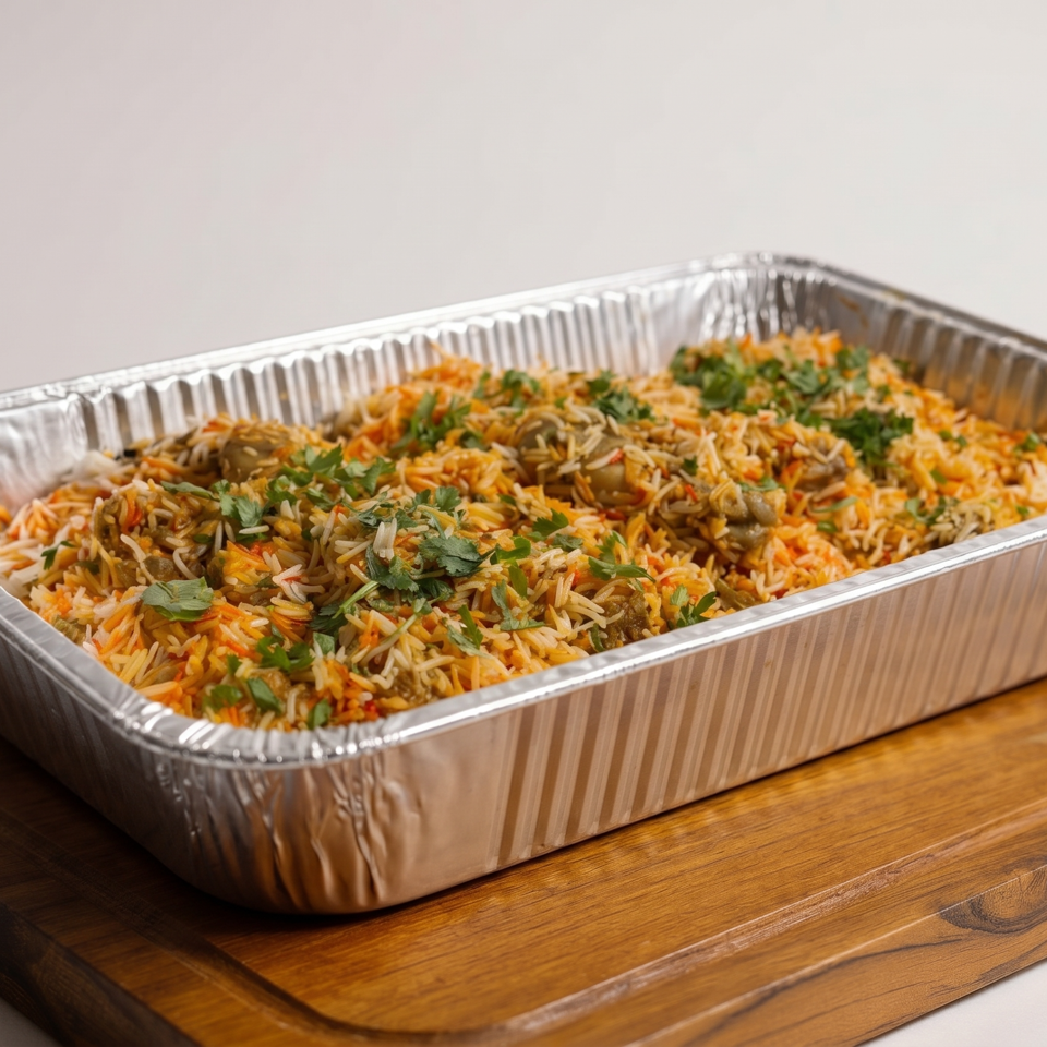A large aluminum tray filled with chicken biryani, garnished with fresh cilantro, on a wooden board.