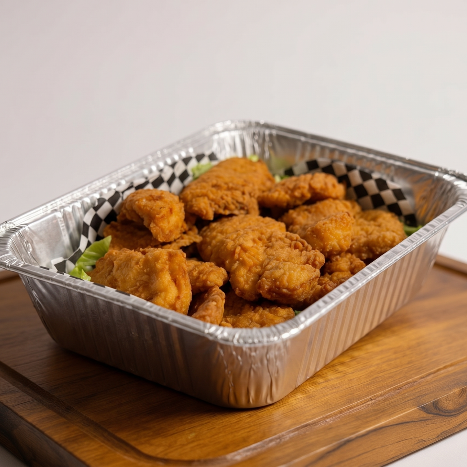Crispy fried chicken pieces in a foil container with checkered paper, on a wooden board.