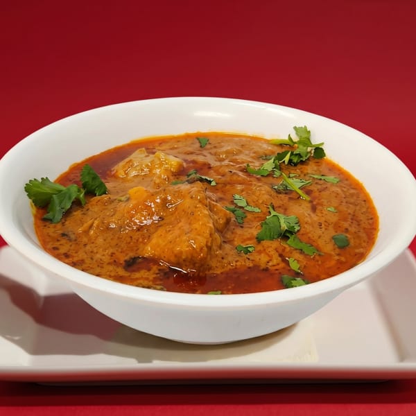 A white bowl of chicken tikka masala, garnished with cilantro, sits on a white plate against a red background.
