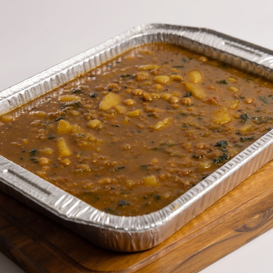 Hearty stew with potatoes and dark greens in a foil pan on a wooden board.