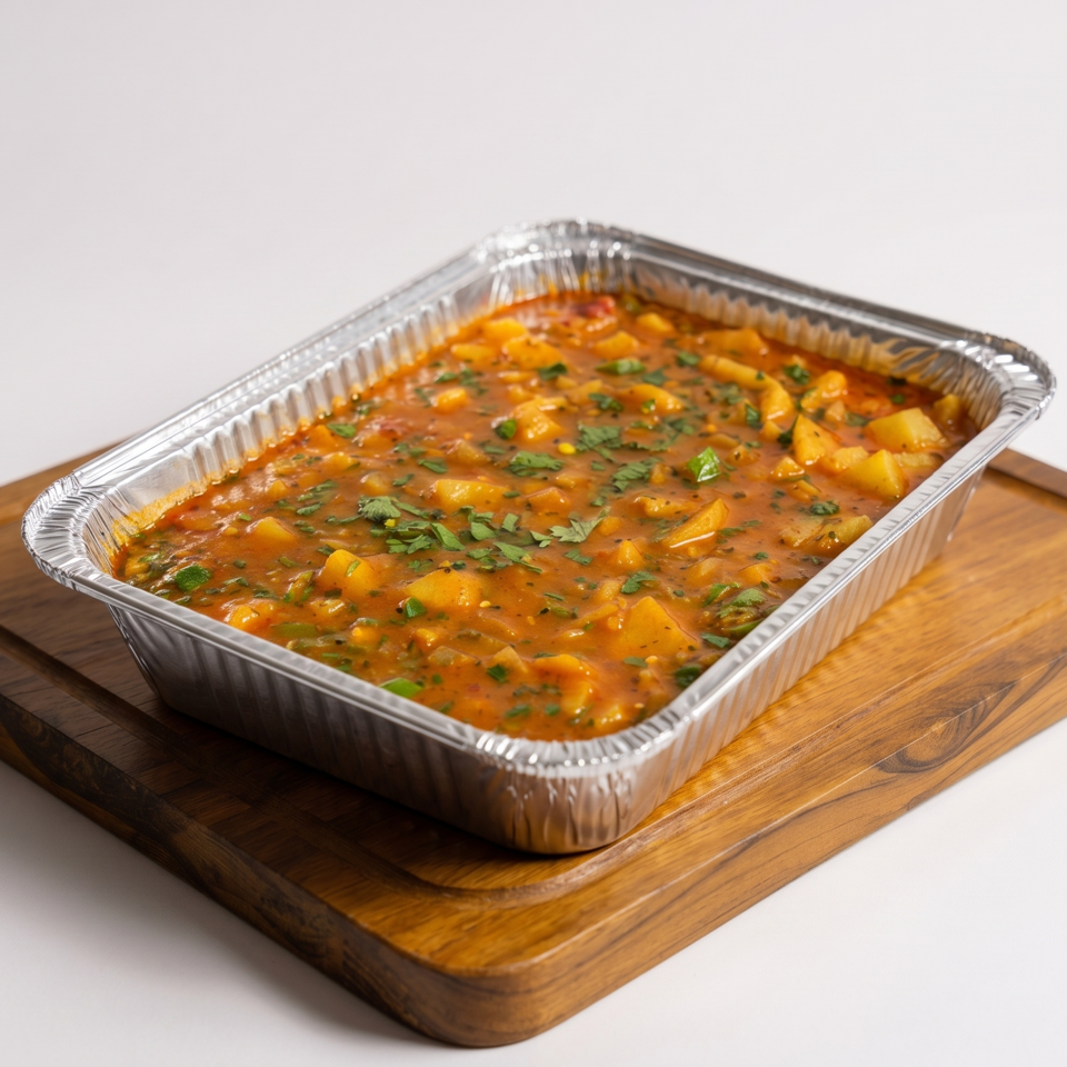 A foil container filled with a hearty potato and vegetable stew, garnished with fresh herbs, on a wooden board.