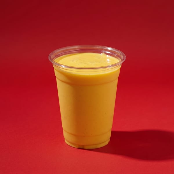 Bright yellow mango smoothie in a clear plastic cup on a vibrant red background.