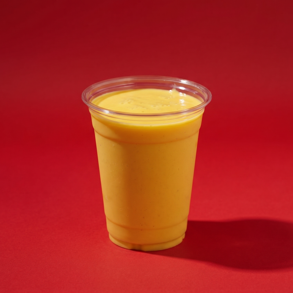 Bright yellow mango smoothie in a clear plastic cup on a vibrant red background.