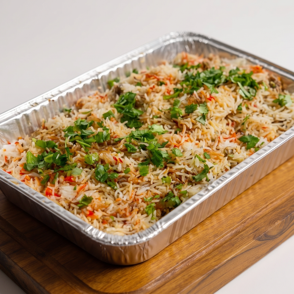 A large aluminum tray of biryani rice with cilantro on a wooden serving board.