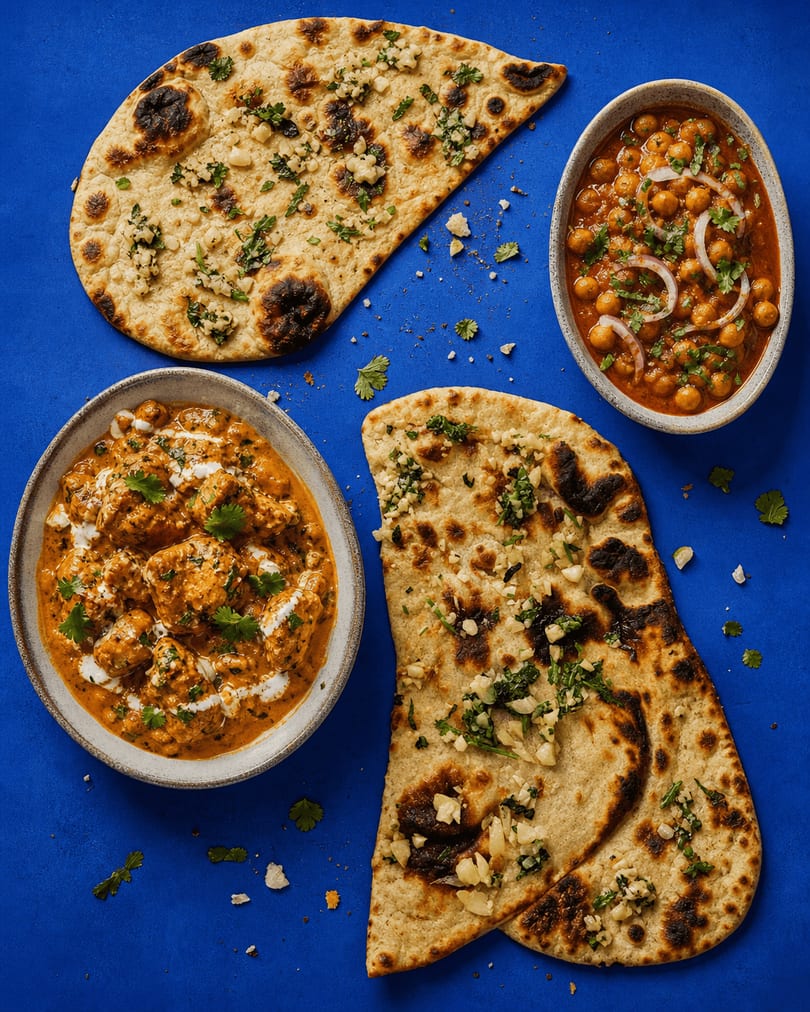 Fresh garlic naan bread from the tandoor with garlic and herbs.